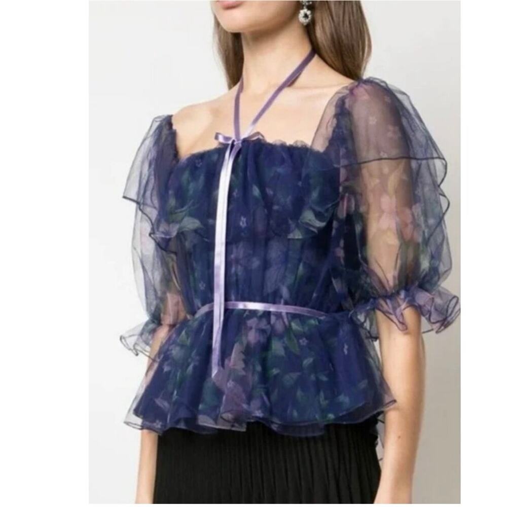 MARCHESA NOTTE Purple Floral Mesh Off Shoulder Feminine Fairy Top size 2
